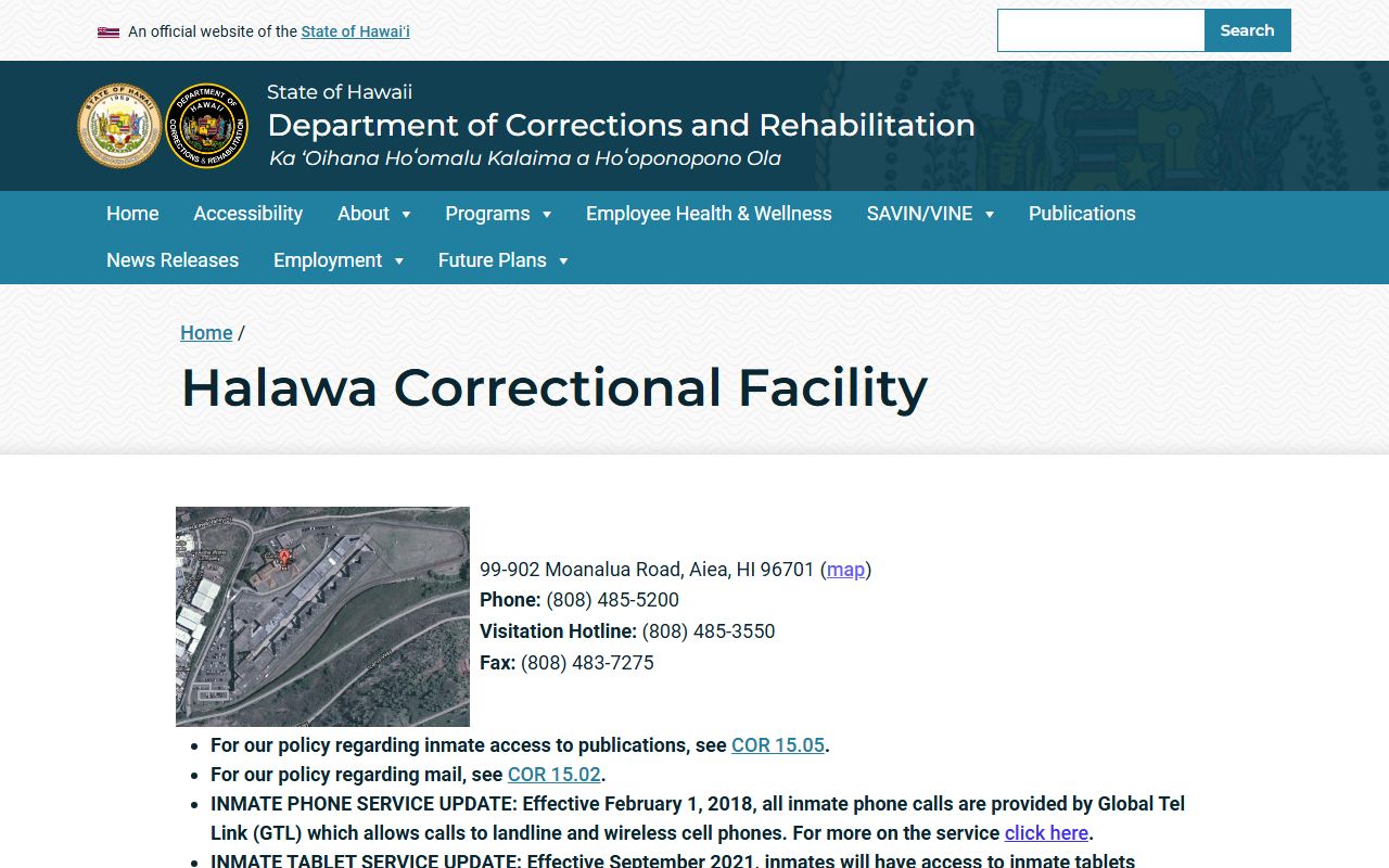 Halawa Correctional Facility inmate lookup page from Hawaii DCR