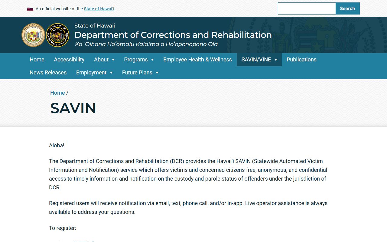 Honolulu County inmate search Hawaii SAVIN VINELink custody status page