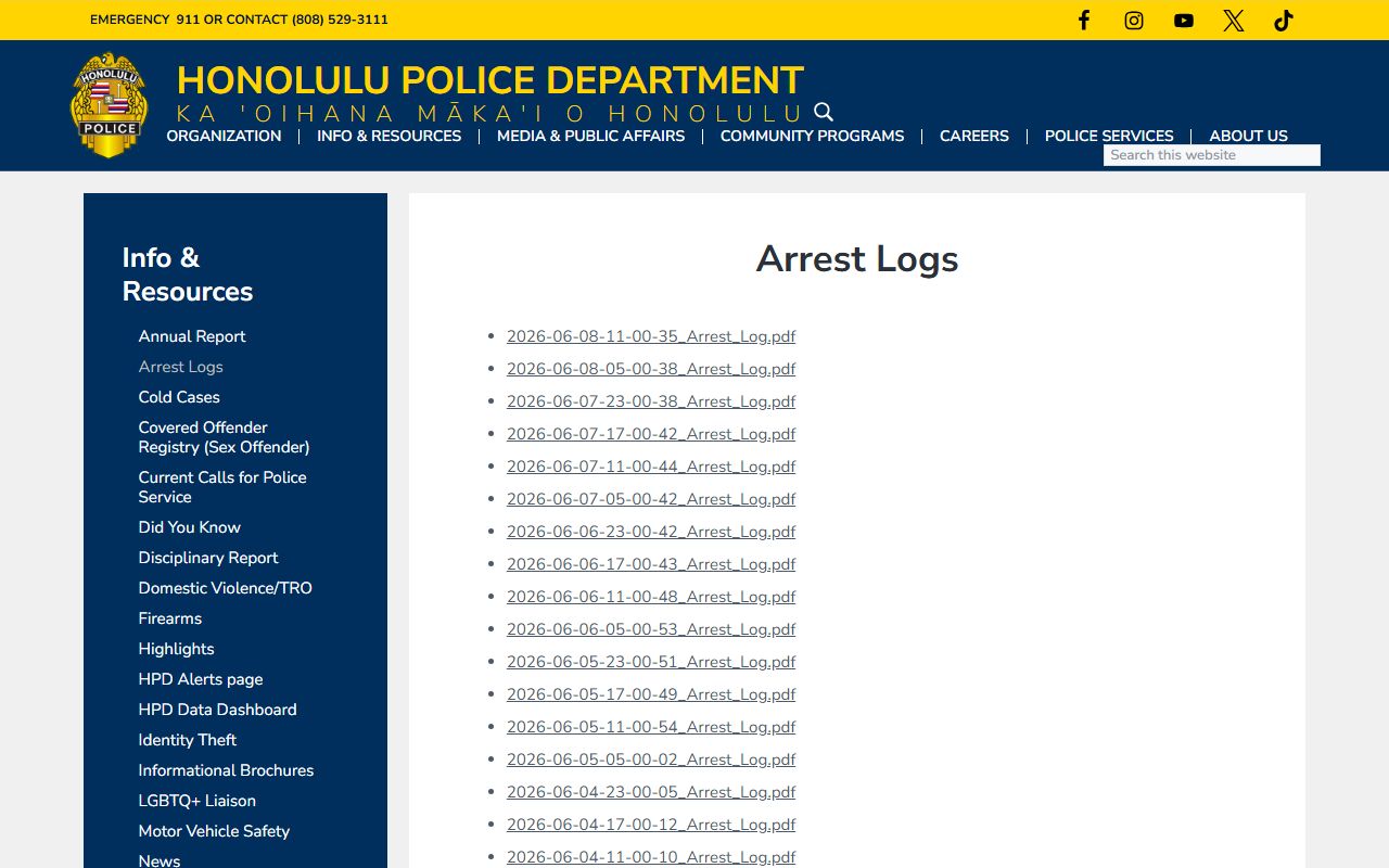 Honolulu County inmate records HPD arrest log release code page