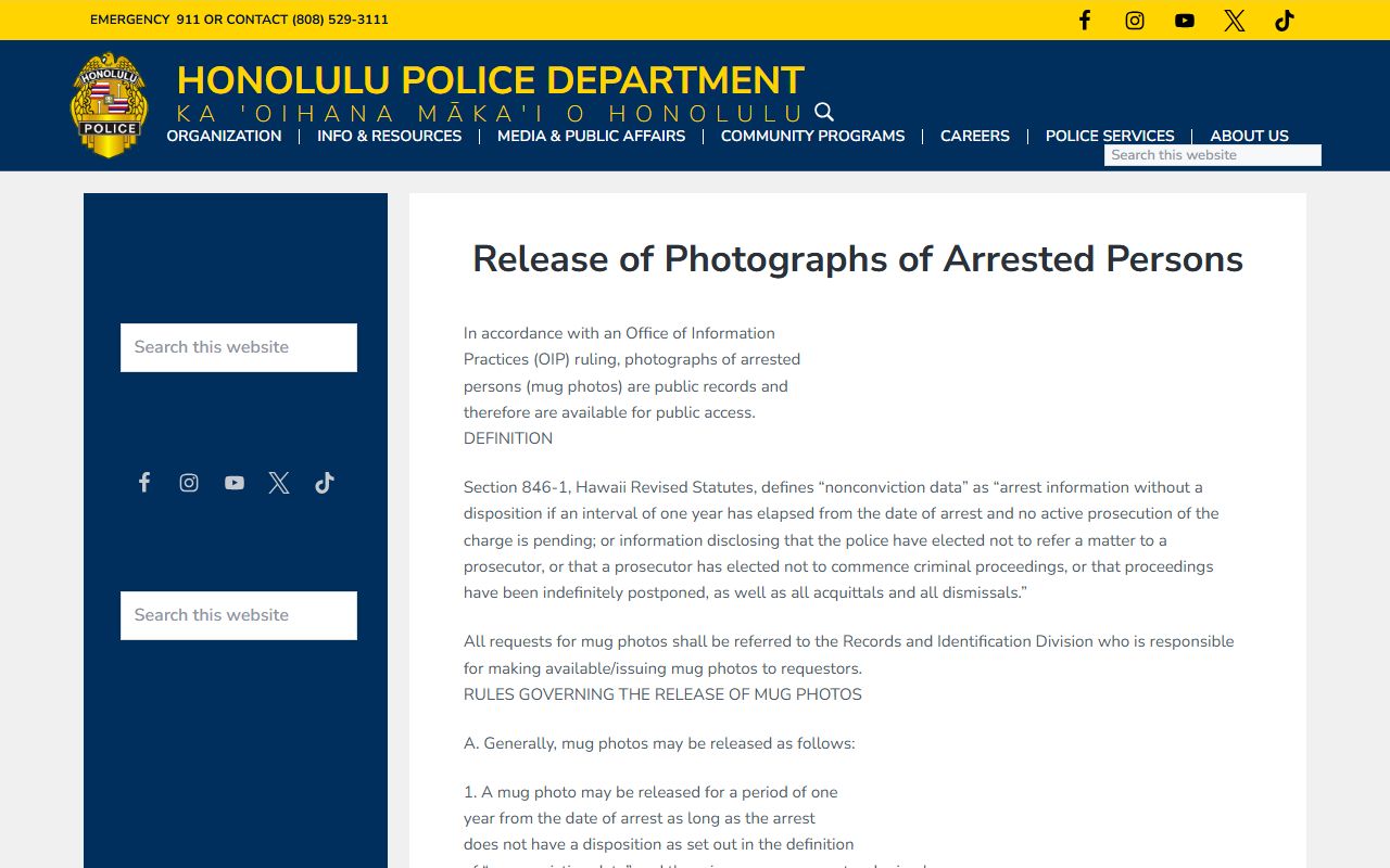 Honolulu County jail mugshots HPD release of arrested person photographs policy