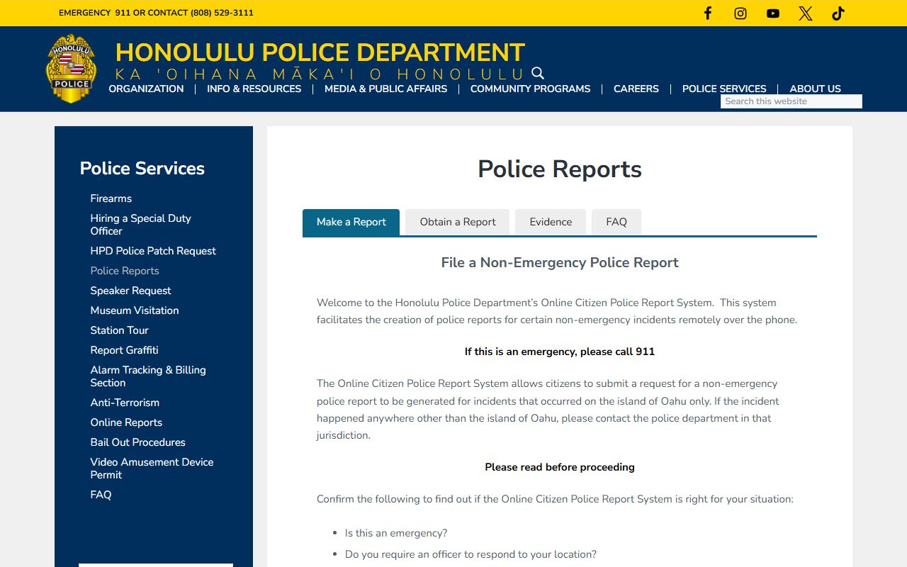 Honolulu County booking photo and police report request HPD records page