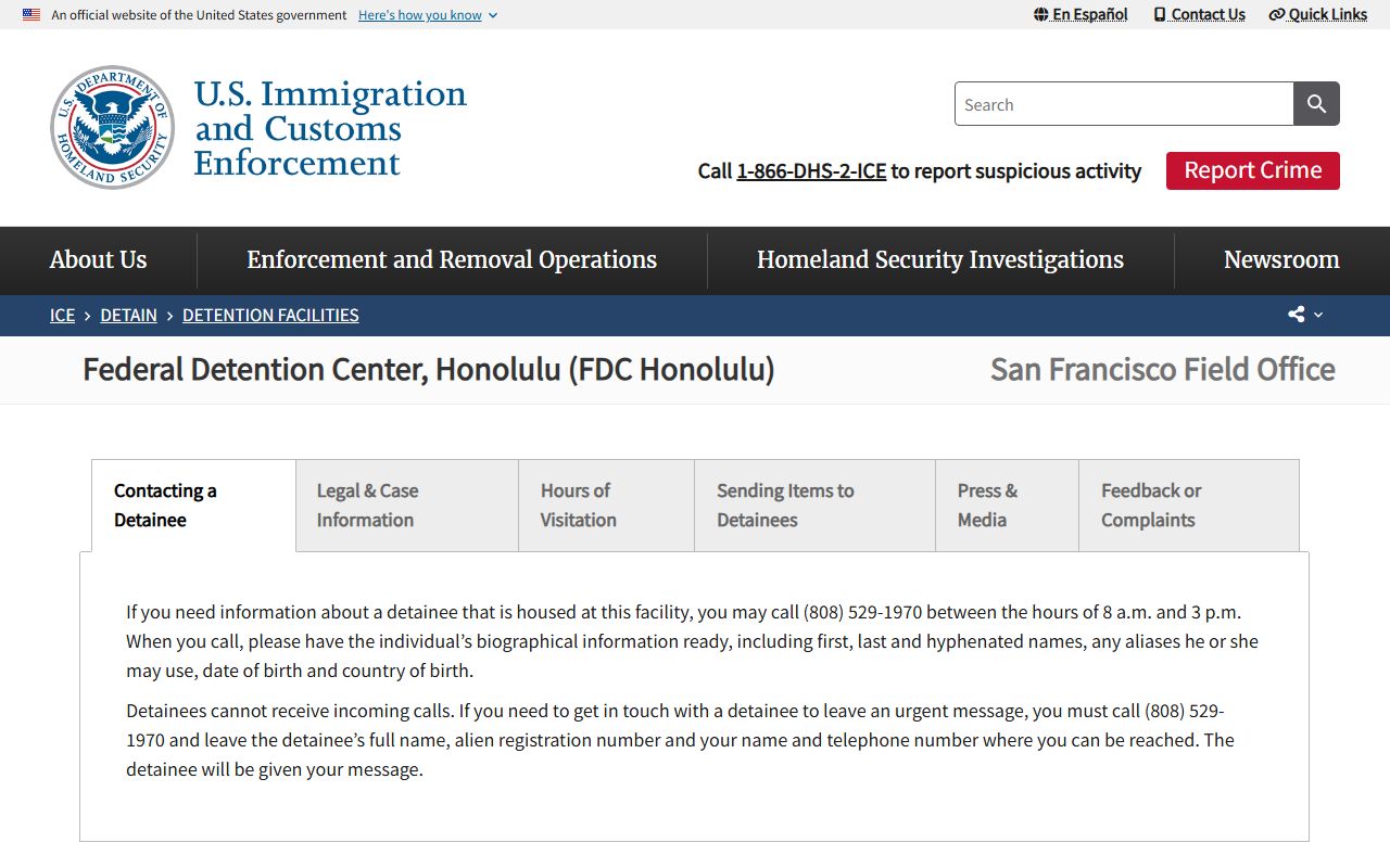 Federal Detention Center Honolulu ICE detention facility lookup profile