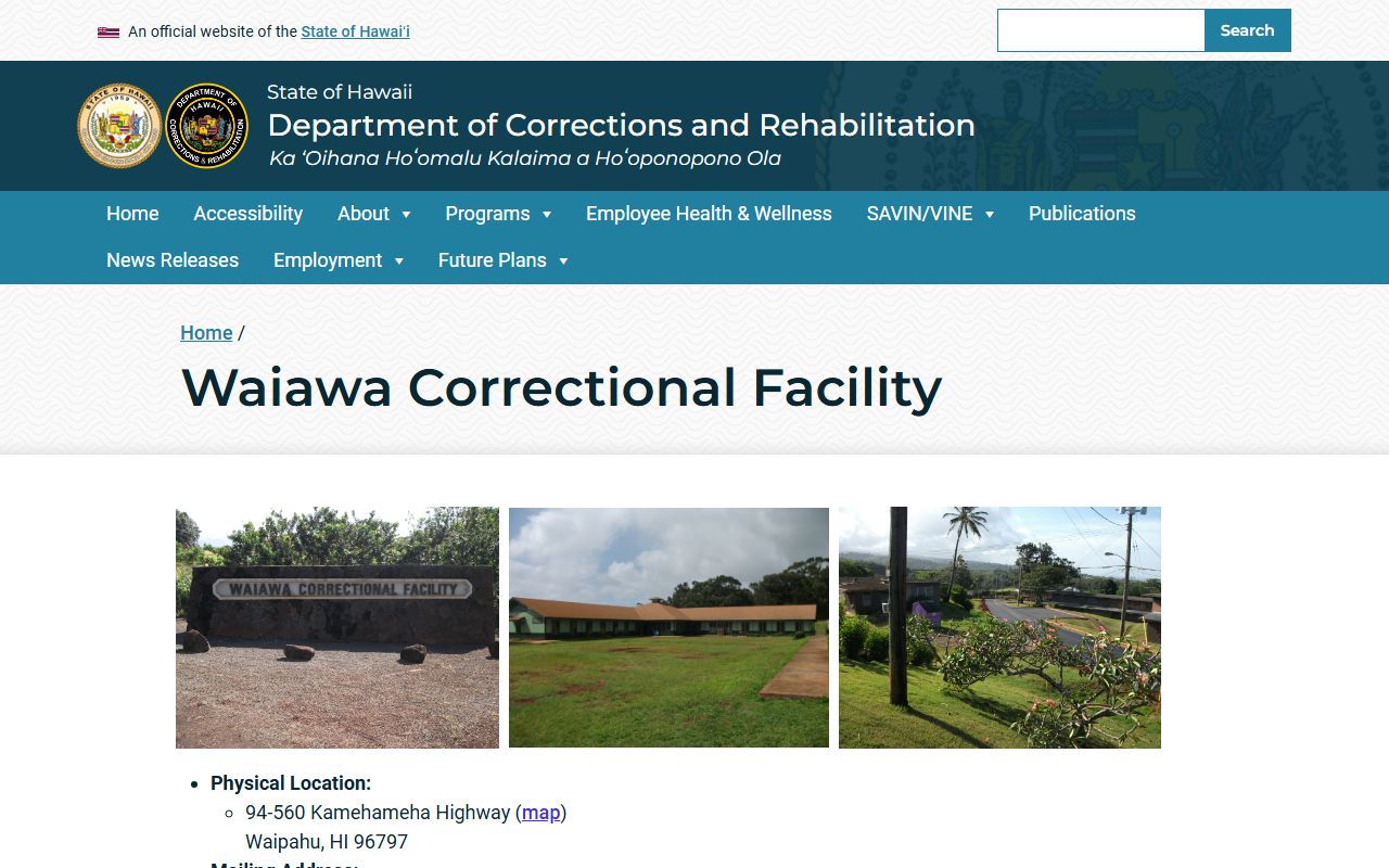 Waiawa Correctional Facility inmate search page from Hawaii DCR