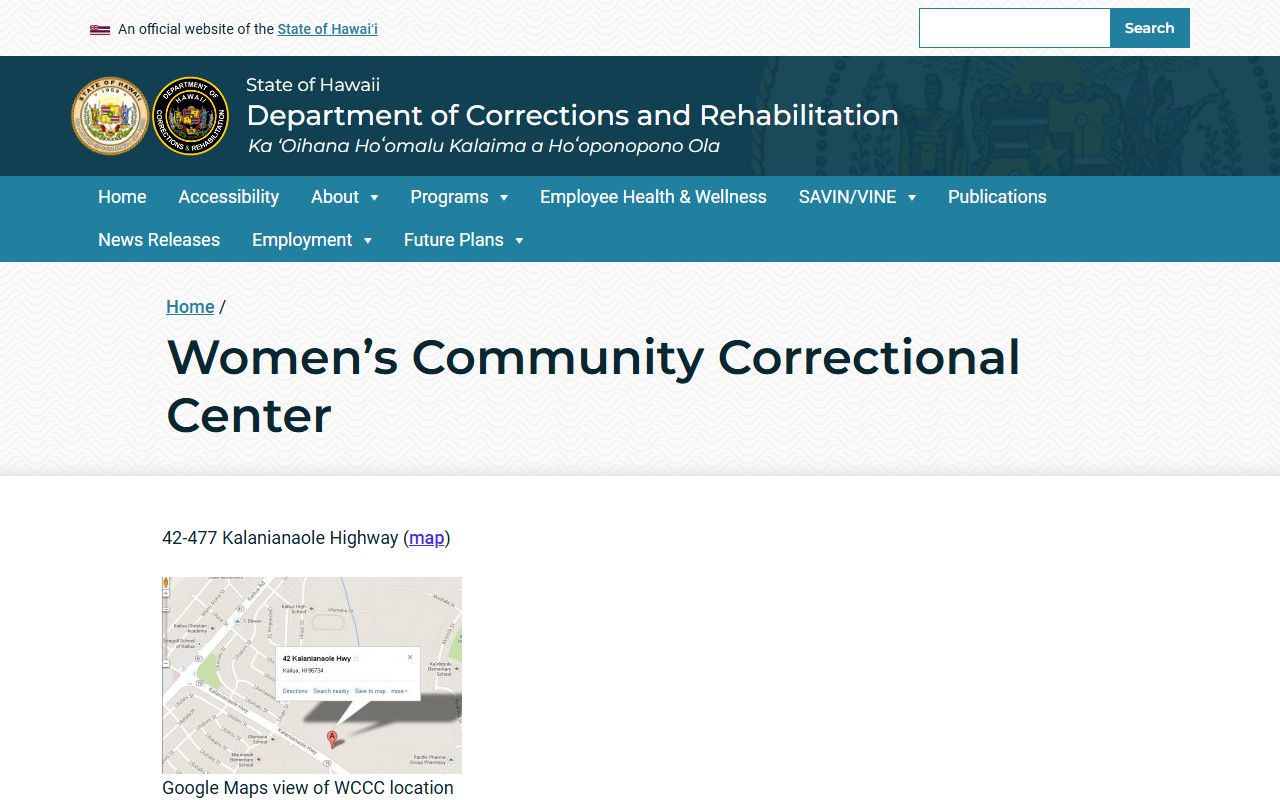 Women's Community Correctional Center inmate search page from Hawaii DCR